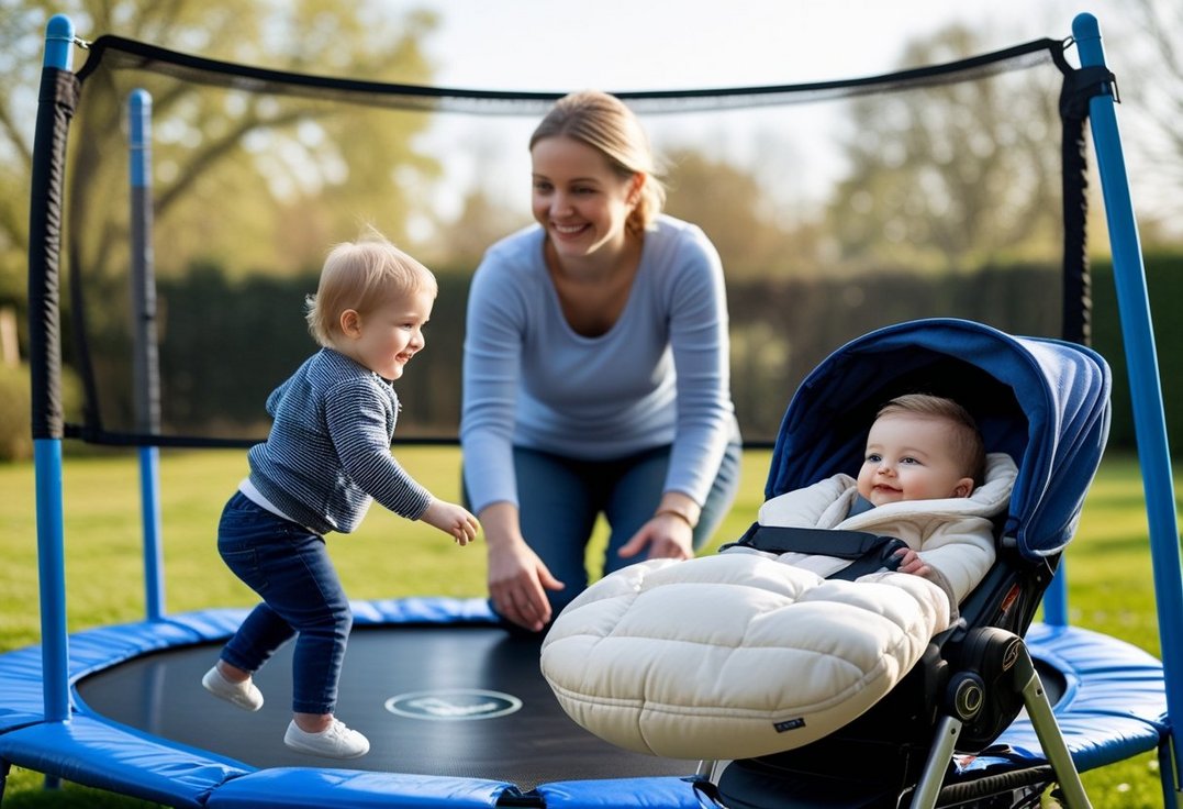 Sikker leg på trampolinen og komfort med kørepose til baby